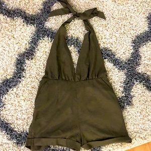 Army Green Backless-Halter Romper